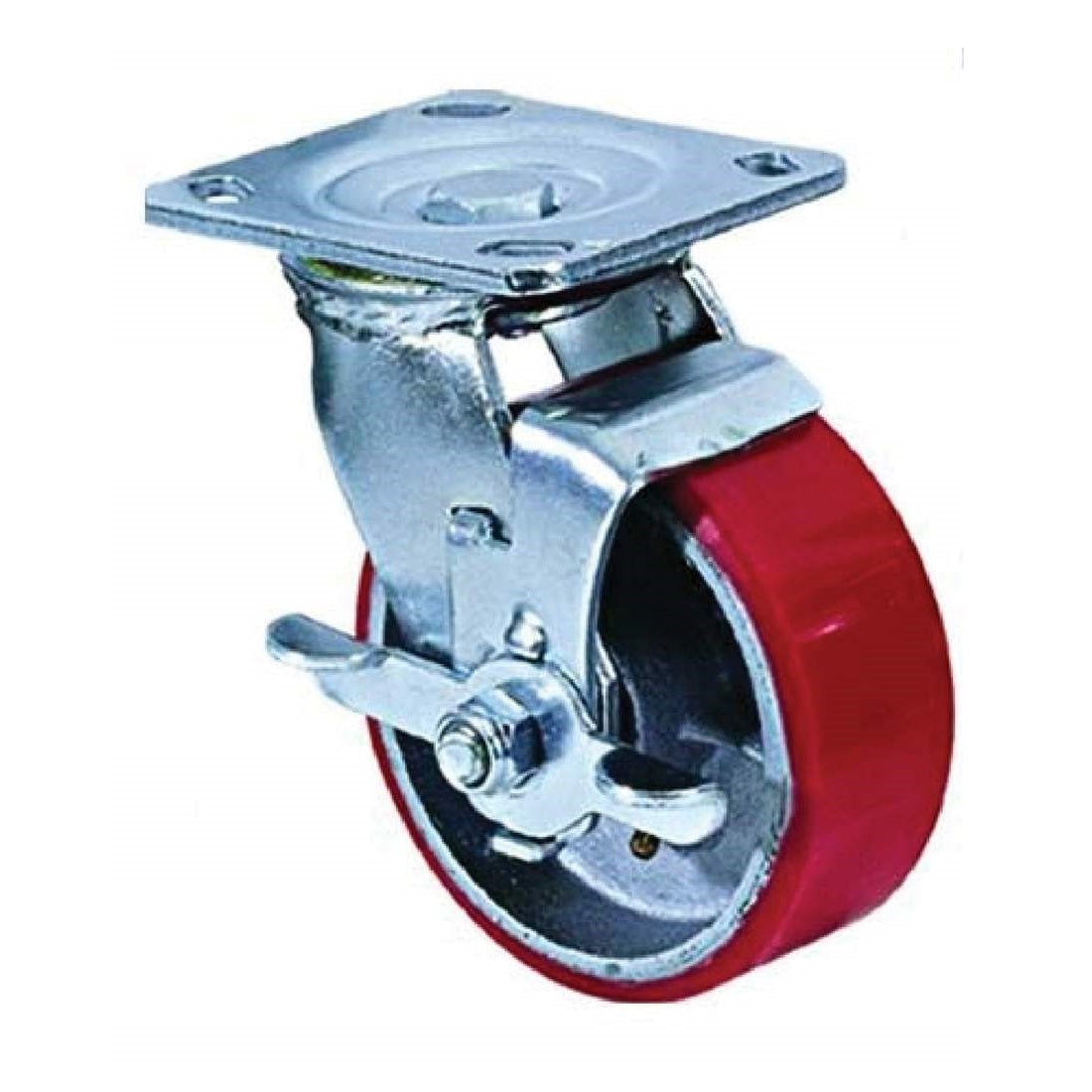 Red caster wheel with metal mounting plate on a white background