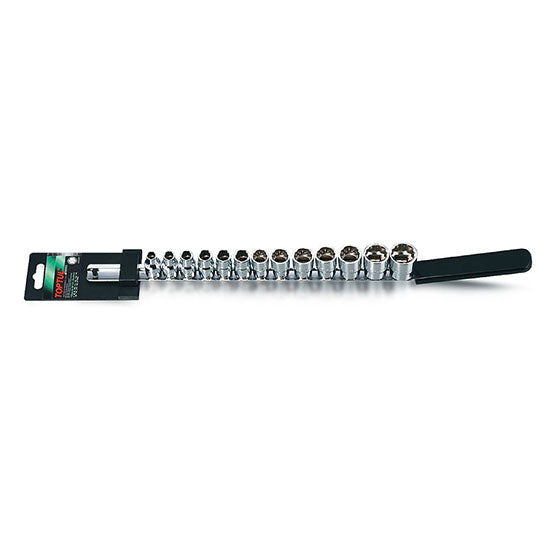 Set of 12 points sockets and wrench on a white background