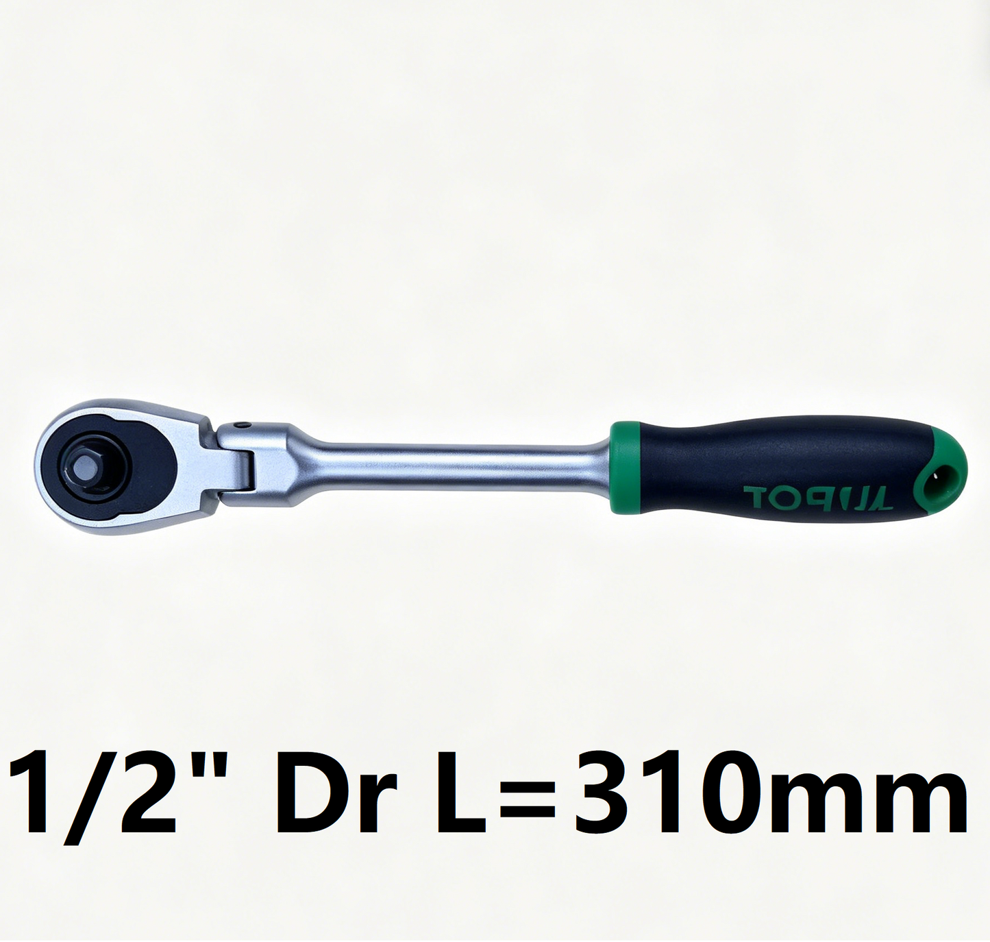 Ratchet handle with green handle and black grip on a white background