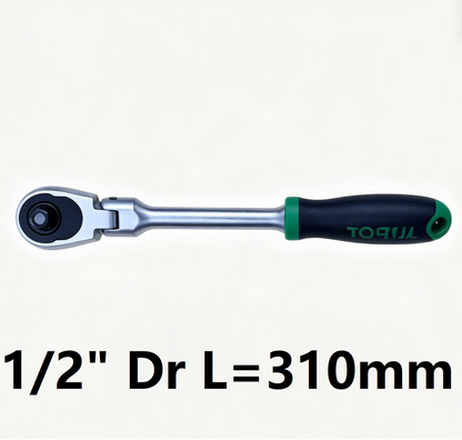 Ratchet handle with green handle and black grip on a white background