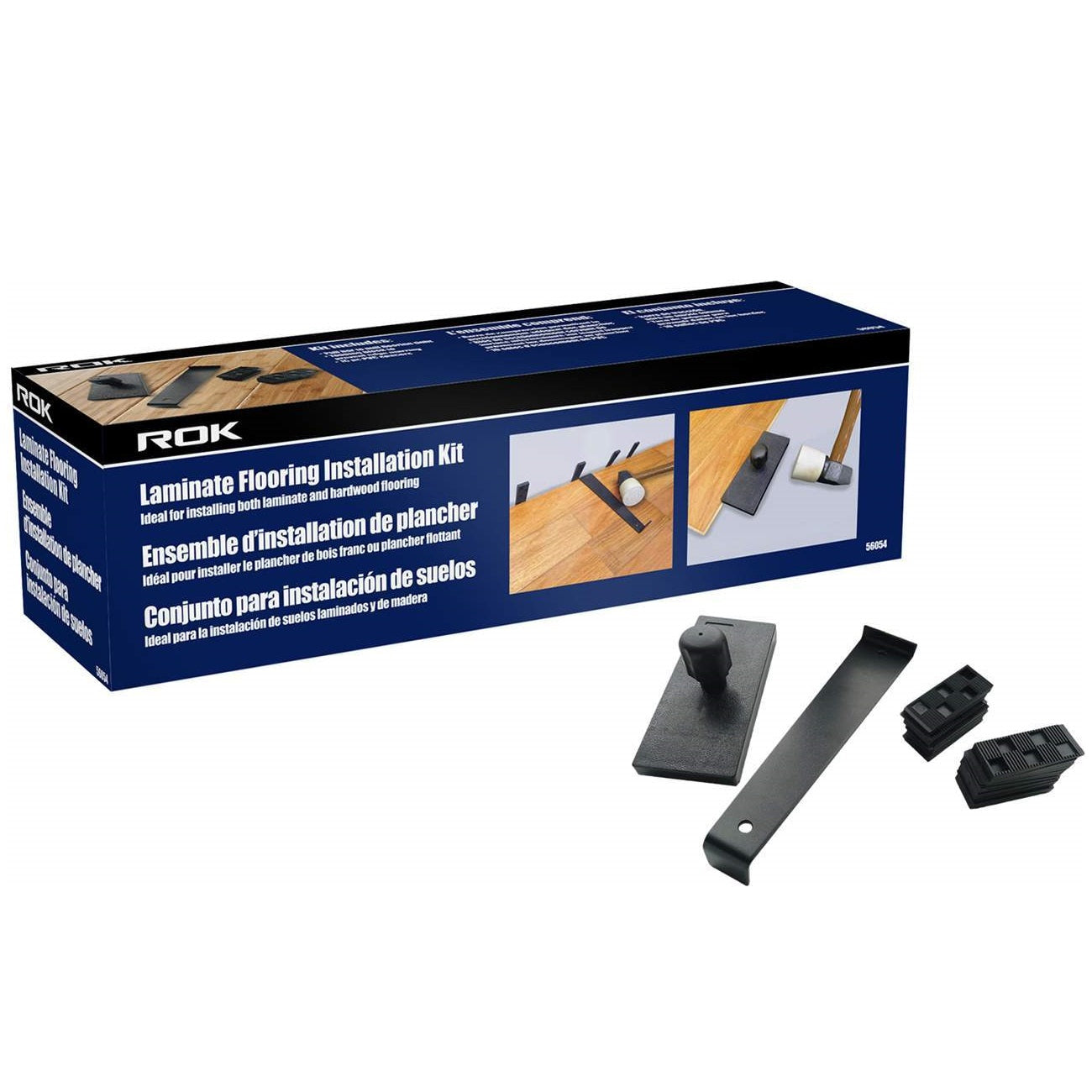 ROK laminate flooring installation kit packaging with tools displayed on a white background