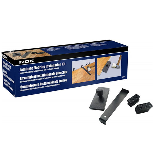 ROK laminate flooring installation kit packaging with tools displayed on a white background