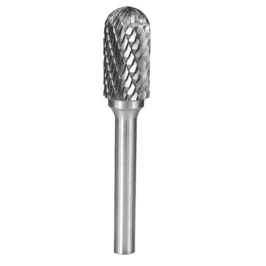Metal burr drill bit on a white background