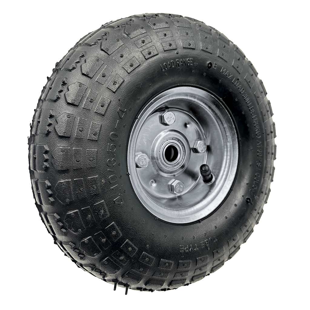 Black tire with silver rim on a white background