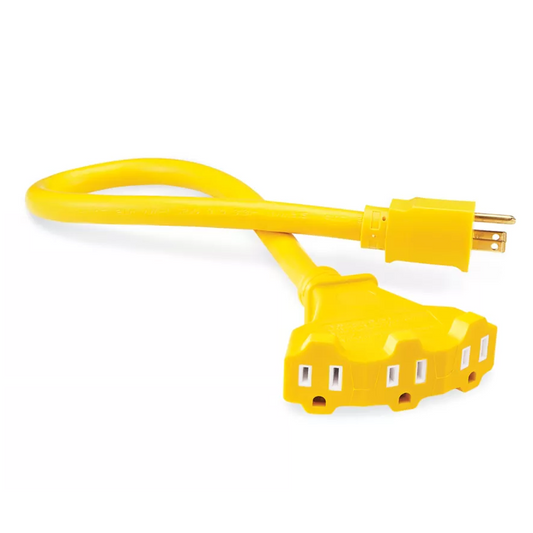 Yellow electrical extension cord with plug on a white background