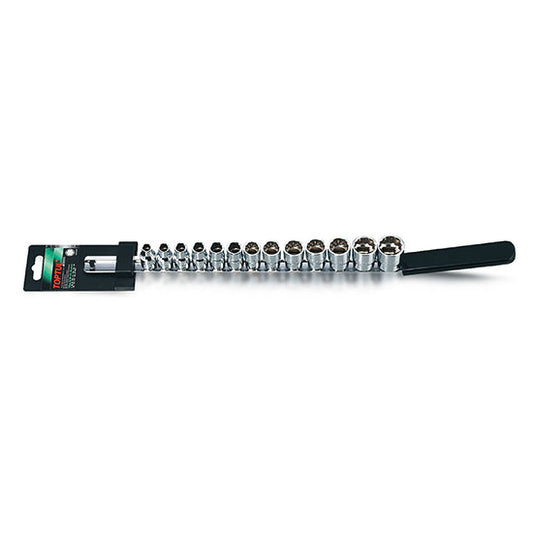 Set of 12 points sockets and wrench on a white background