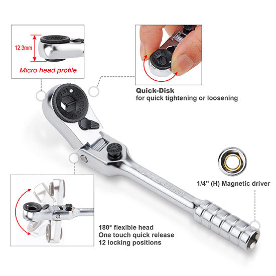 1/4" HEX Locking Flexible Head Mini Reversible Bit Ratchet Handle