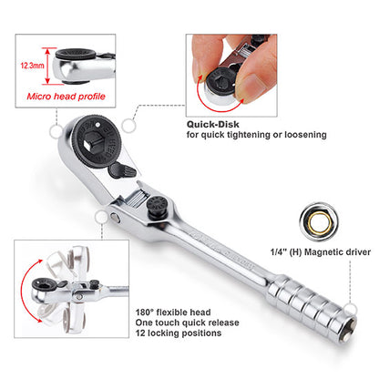 1/4" HEX Locking Flexible Head Mini Reversible Bit Ratchet Handle