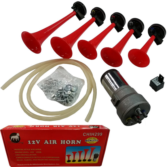 5Pc Red Trumpets 12V Musical Air Horn Kit