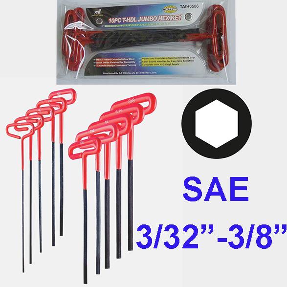 T-Handle Hex Key 3/32" To 3/8" 10Pc SAE